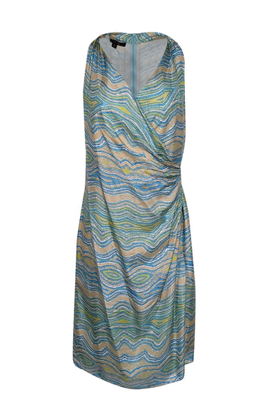 Current Boutique-Lafayette 148 - Blue, Green, White & Taupe Marbled Print Sleeveless Dress Sz 6