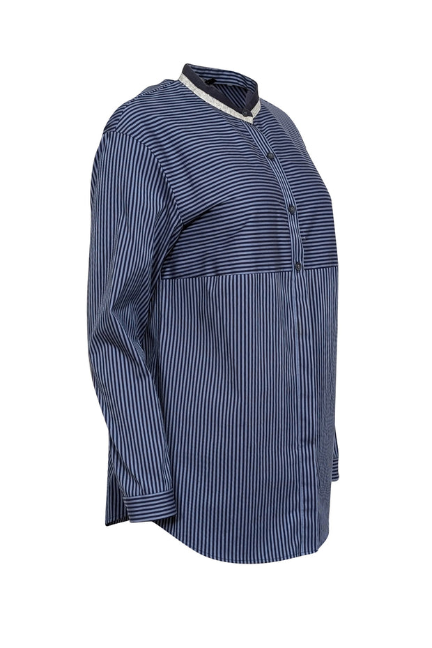 Current Boutique-Lafayette 148 - Blue & Navy Striped Long Sleeve Button Front Sz S