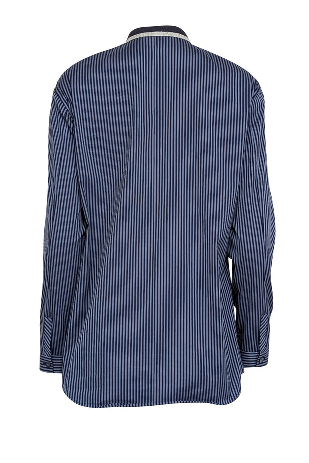 Current Boutique-Lafayette 148 - Blue & Navy Striped Long Sleeve Button Front Sz S