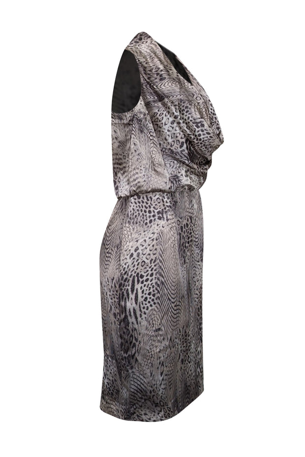 Current Boutique-Lafayette 148 - Grey, Beige, & Black Animal Print Cowl Neck Dress Sz 6