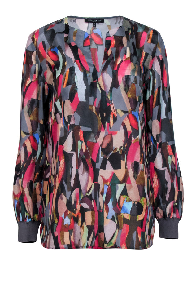 Current Boutique-Lafayette 148 - Grey & Multi Color Abstract Print Long Sleeve Collarless Shirt Sz S