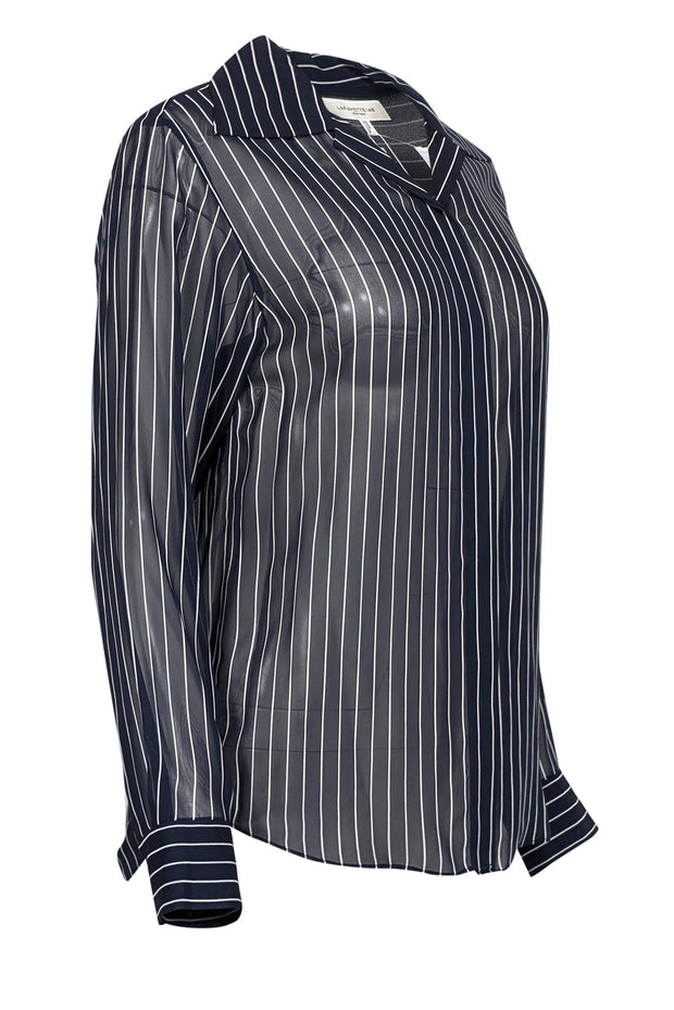 Current Boutique-Lafayette 148 - Midnight Navy & White Striped Semi-Sheer Blouse Sz XS