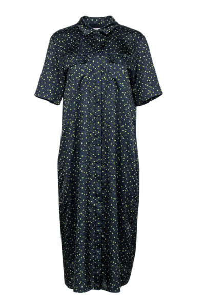 Current Boutique-Lafayette 148 - Navy & Green Polka Dot Midi Shirt Dress Sz M