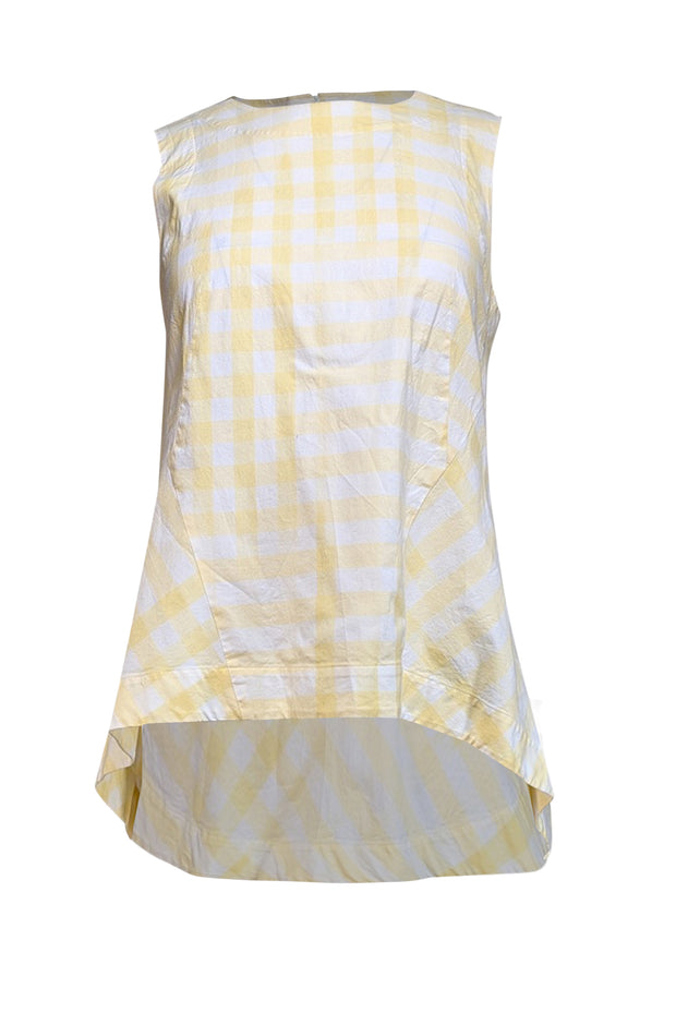 Current Boutique-Lafayette 148 - Pale Yellow & White Gingham Cotton High-Low Tank Sz 4