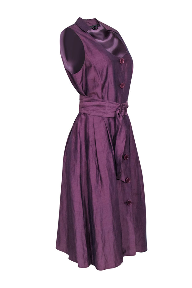 Current Boutique-Lafayette 148 - Purple Sleeveless Button Front Waist Sash Dress Sz 14