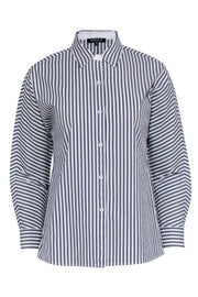 Current Boutique-Lafayette 148 - White & Grey Striped Cropped Sleeve Button-Up Sz S