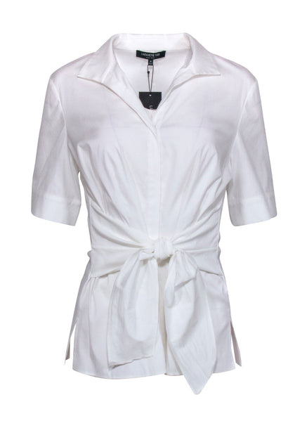 Current Boutique-Lafayette 148 - White Short Sleeve Shirt w/ Waist Tie Sz 10