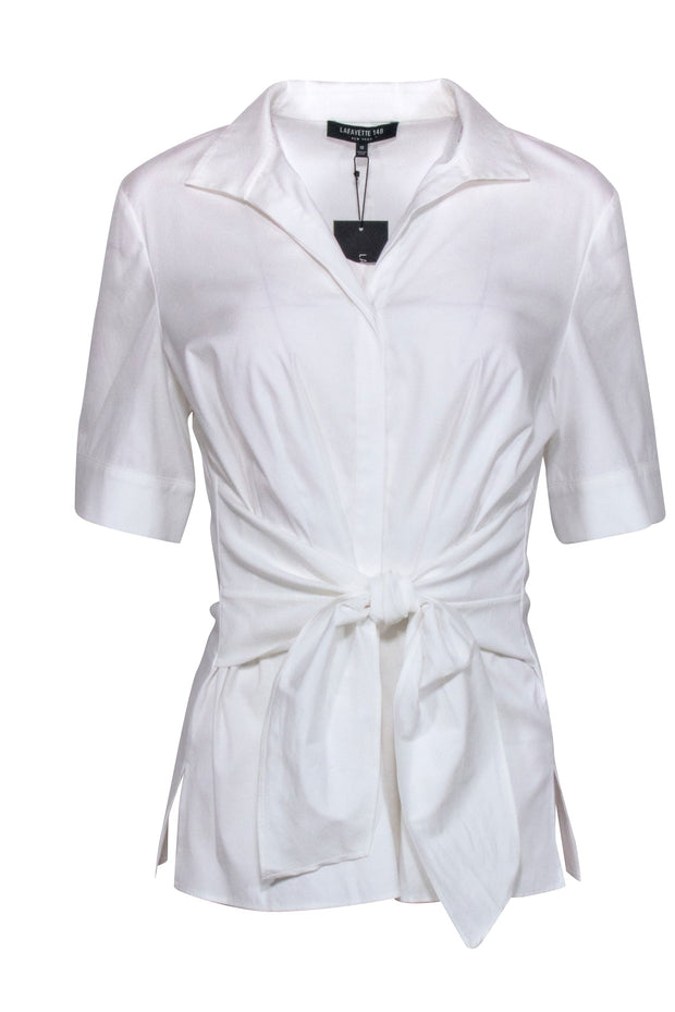 Current Boutique-Lafayette 148 - White Short Sleeve Shirt w/ Waist Tie Sz 10