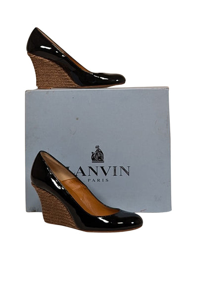 Current Boutique-Lanvin - Black Patent Leather Espadrille Wedges Sz 8