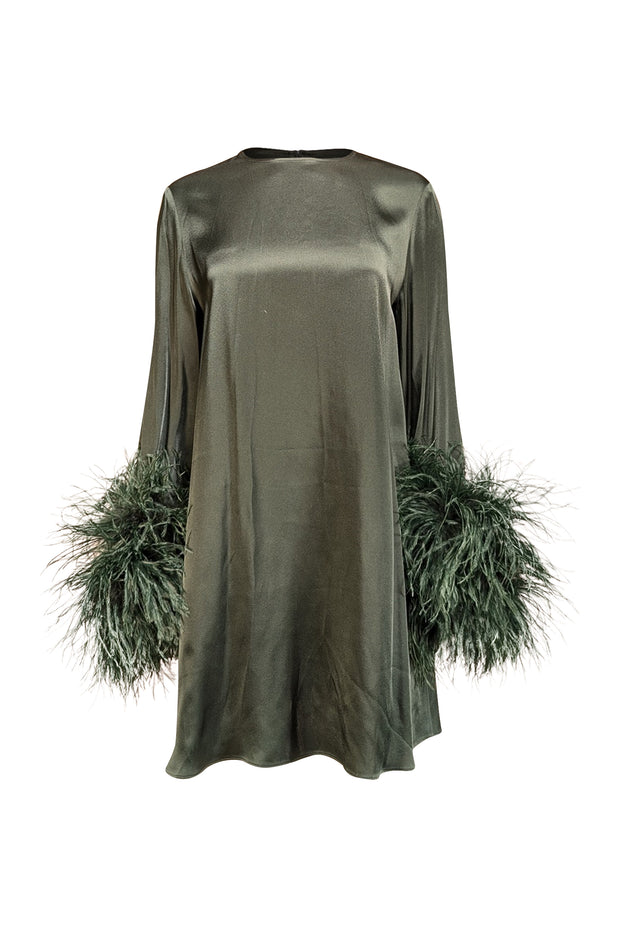 Current Boutique-Lapointe - Green Satin Shift Dress w/ Feather Cuffs Sz S