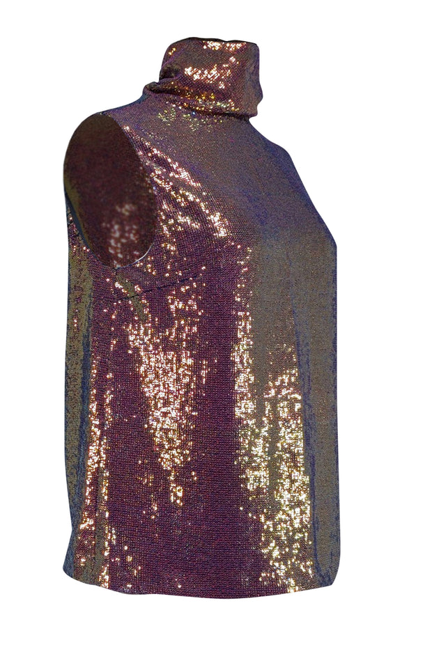 Current Boutique-Lapointe - Pink-Gold Iridescent Sequin Draped Turtleneck Top Sz 8