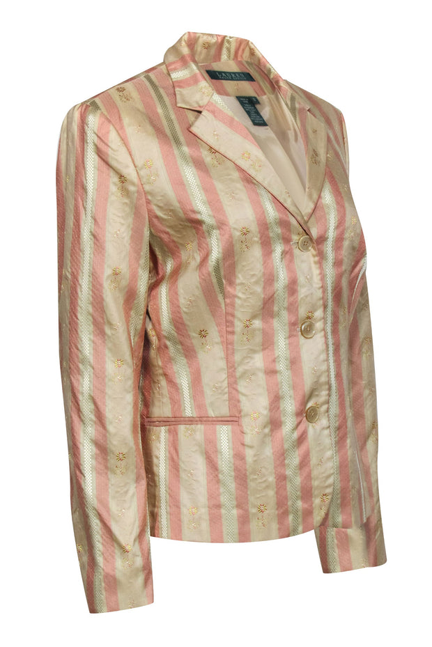 Current Boutique-Lauren Ralph Lauren - Beige & Pink Floral Striped Silk Blazer Sz 12