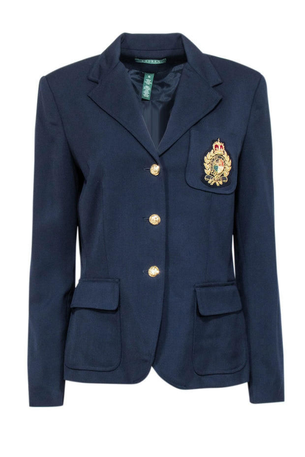 Current Boutique-Lauren Ralph Lauren - Navy Wool Crest Embellished Blazer Sz 10