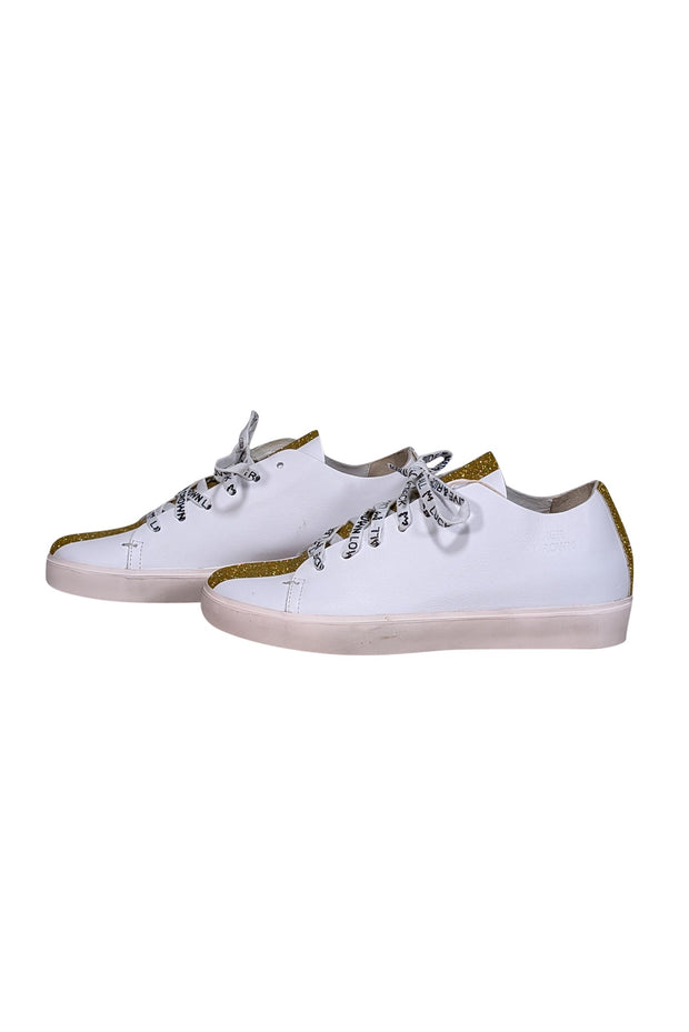 Current Boutique-Leather Crown - White leather w/ Gold Glitter Detail Sneaker Sz 9