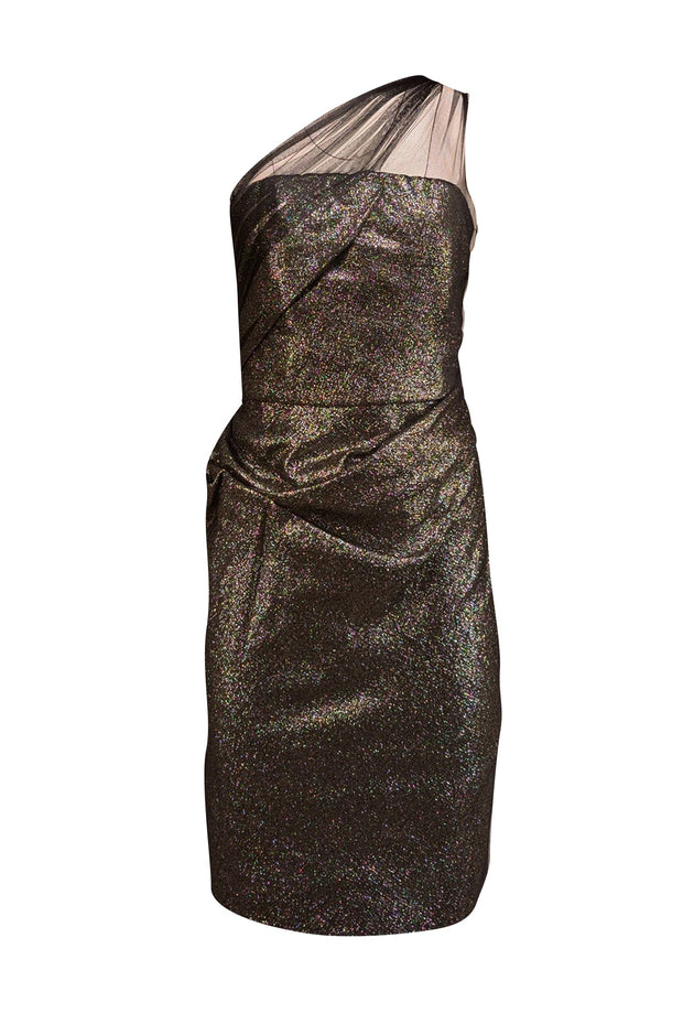 Current Boutique-Lela Rose - Black & Gold Metallic Tulle One Shoulder Strap Dress Sz 10