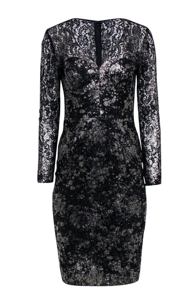 Current Boutique-Lela Rose - Black Silver-Dusted Metallic Lace Dress Sz 4