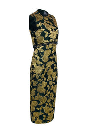 Current Boutique-Lela Rose - Green & Gold Floral Jacquard Midi Dress Sz 6