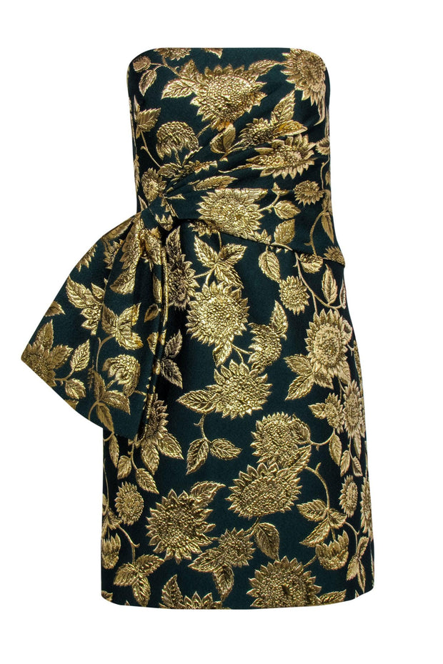 Current Boutique-Lela Rose - Green & Gold Floral Jacquard Strapless Dress Sz 6