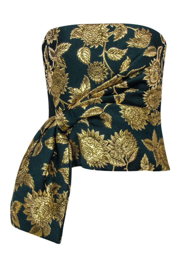 Current Boutique-Lela Rose - Green & Gold Floral Jacquard Strapless Top Sz 6