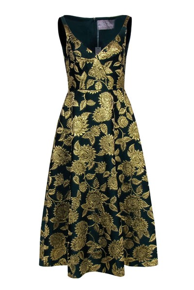 Current Boutique-Lela Rose - Green & Gold Jacquard Beaded Trim Formal Dress Sz 6