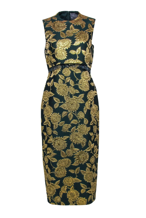 Current Boutique-Lela Rose - Green & Gold Jacquard Beaded Trim Formal Dress Sz 6