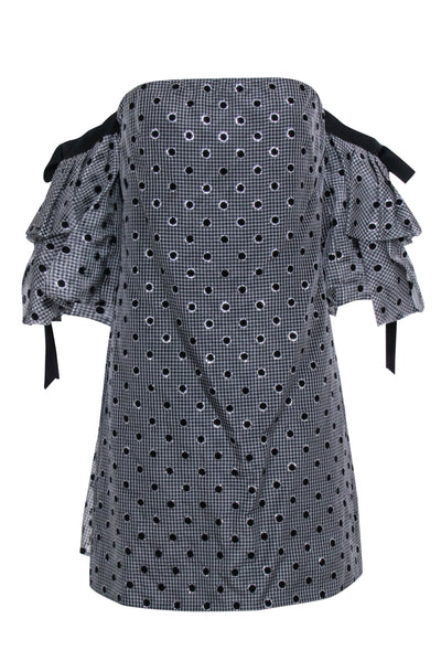 Current Boutique-Lela Rose - Grey & Black Gingham w/ Polka Dot Detail Off The Shoulder Dress Sz 6