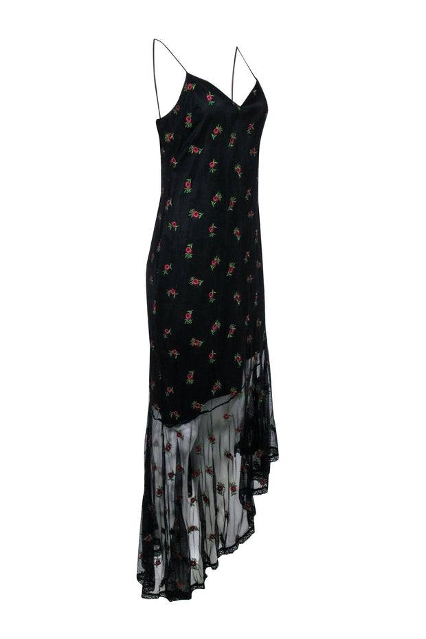 Current Boutique-Likely - Black w/ Pink Floral Embroidered Mesh Asymmetrical Hem Dress Sz 10