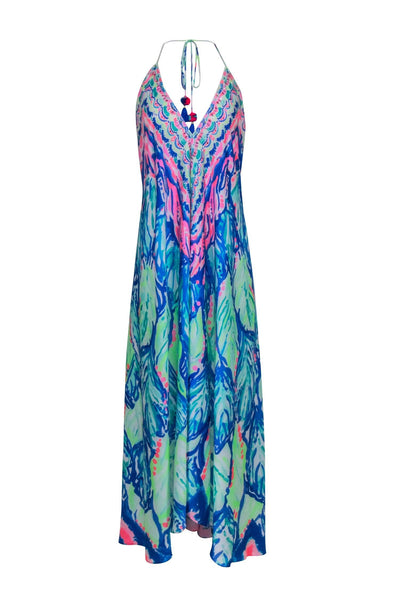 Current Boutique-Lilly Pulitzer - Blue & Pink Multi Color Print Halter Maxi Dress Sz M