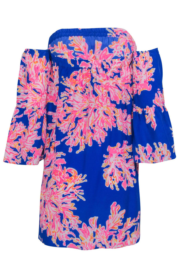 Current Boutique-Lilly Pulitzer - Blue w/ Pink & Orange Coral Reef Print Off The Shoulder Dress Sz XS