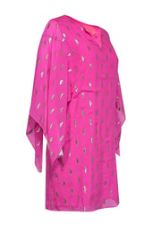 Current Boutique-Lilly Pulitzer - Bright Pink Silk Caftan Dress w/ Metallic Clip Dot Pattern Sz 2