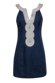 Current Boutique-Lilly Pulitzer - Navy Textured Sleeveless Dress w/ Gold & Silver Middle Trim Sz 8