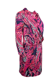 Current Boutique-Lilly Pulitzer - Pink & Navy Leaf Print Silk Blouson Dress Sz XS