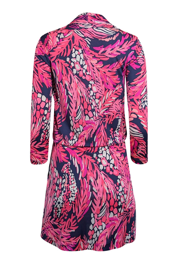 Current Boutique-Lilly Pulitzer - Pink & Navy Leaf Print Silk Blouson Dress Sz XS