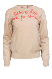 Current Boutique-Lingua Franca - Beige Cashmere Sweater w/ Red Embroidered Script Sz S