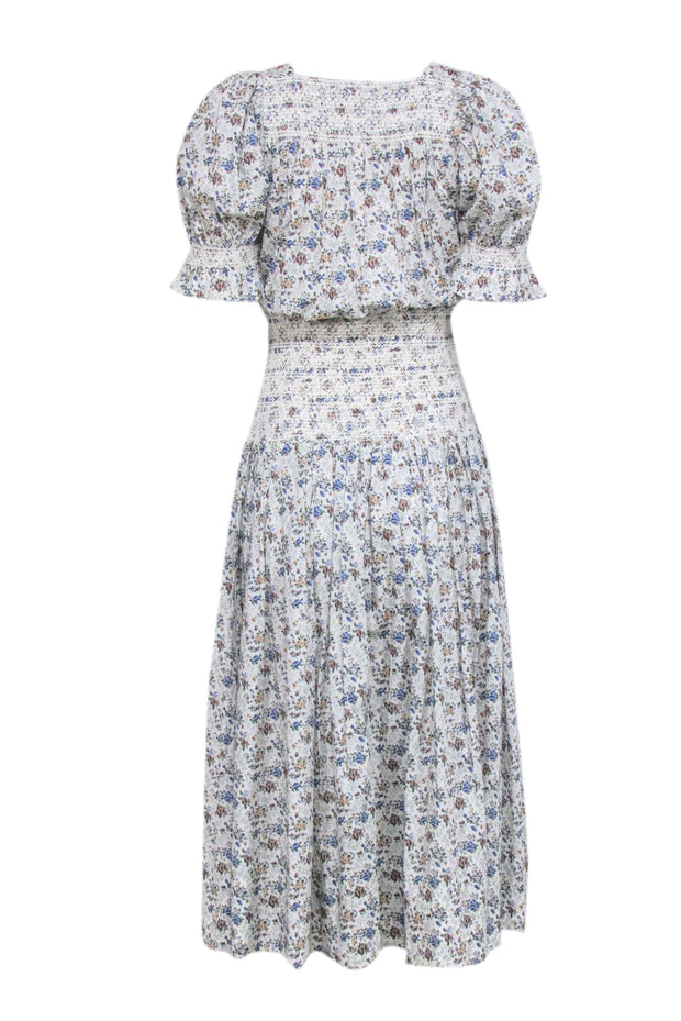 Current Boutique-Loeffler Randall - White w/ Blue, Green, & Tan Floral Print Smoked Detail Dress Sz XS