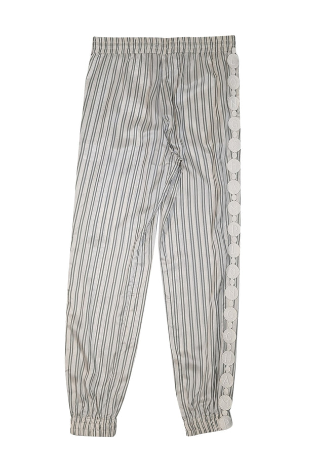 Current Boutique-Longchamp - Off-White & Green Striped Silk Pants w/ Logo Appliques Sz 4