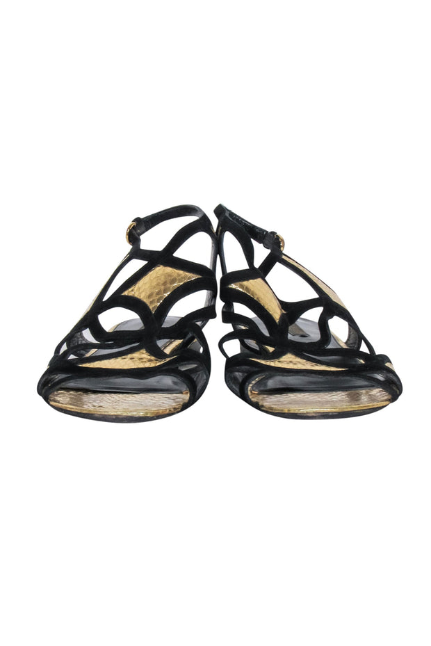 Current Boutique-Louis Vuitton - Gold & Black Python Embossed Strappy Gladiator Sandals Sz 9.5