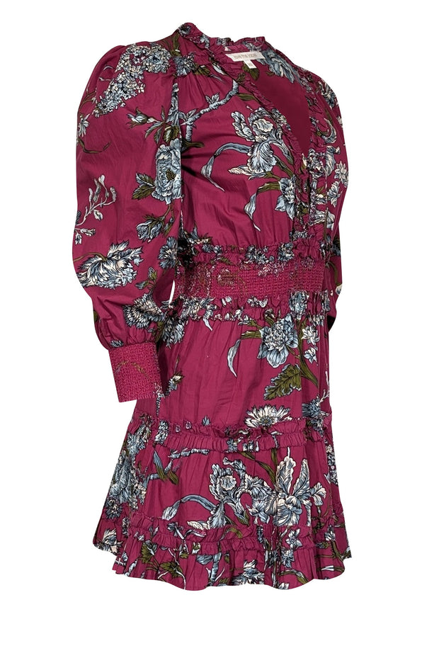 Current Boutique-Love the Label - Fuchsia w/ Blue & Olive Floral Print Ruffled Cotton Dress Sz XS