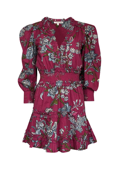 Current Boutique-Love the Label - Fuchsia w/ Blue & Olive Floral Print Ruffled Cotton Dress Sz XS