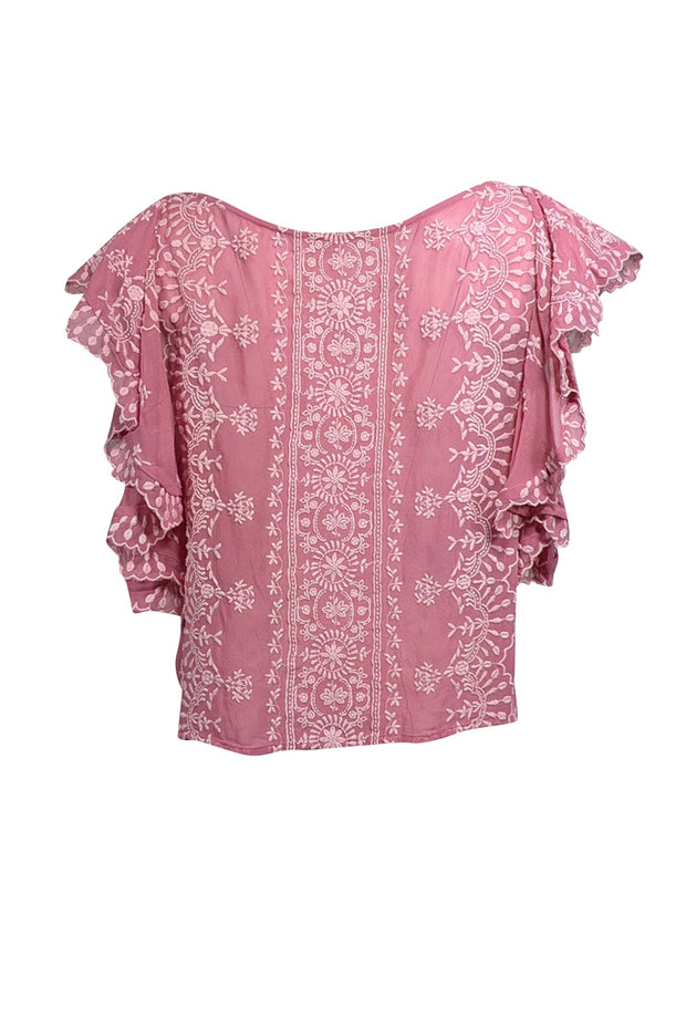 Current Boutique-LoveShackFancy - Pink Semi-Sheer Embroidered Blouse Sz M