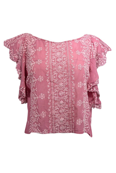 Current Boutique-LoveShackFancy - Pink Semi-Sheer Embroidered Blouse Sz M