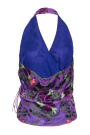 Current Boutique-Luisa Spagnoli - Purple Silk Halter Top w/ Multicolor Embroidered Floral Print Sz 8