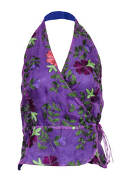 Current Boutique-Luisa Spagnoli - Purple Silk Halter Top w/ Multicolor Embroidered Floral Print Sz 8