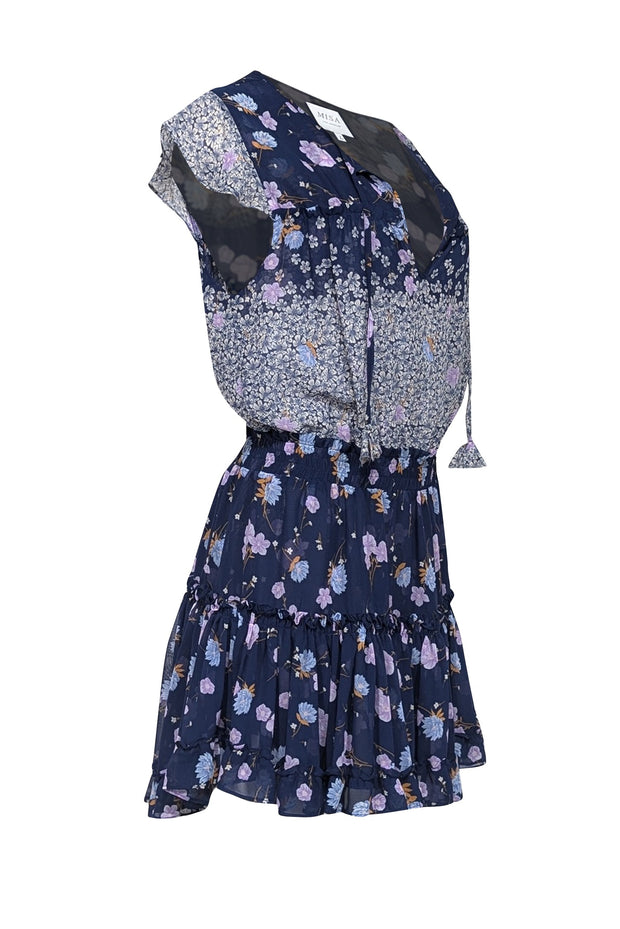 Current Boutique-MISA Los Angeles - Blue, Purple, & Ivory Floral Print Chiffon Mini Dress Sz L