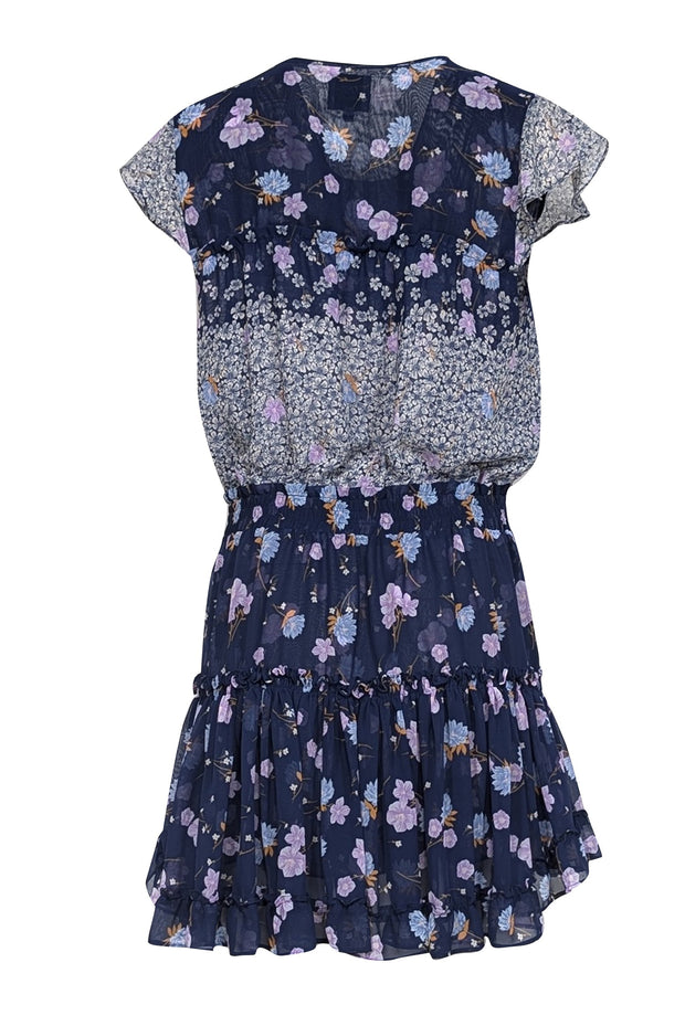 Current Boutique-MISA Los Angeles - Blue, Purple, & Ivory Floral Print Chiffon Mini Dress Sz L