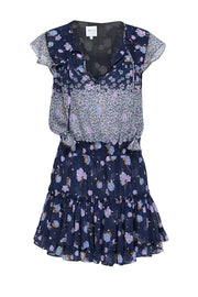 Current Boutique-MISA Los Angeles - Blue, Purple, & Ivory Floral Print Chiffon Mini Dress Sz L