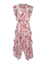 Current Boutique-MISA Los Angeles - Cream, Pink, & Orange Floral Print Ruffled Chiffon Dress Sz XL