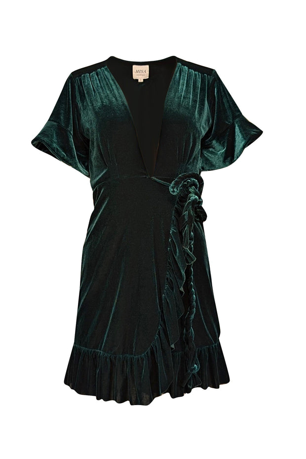 Current Boutique-MISA Los Angeles - Dark Green Velvet Mini Wrap Dress Sz S