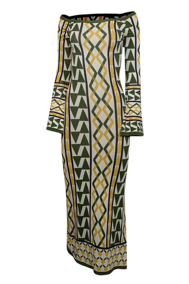 Current Boutique-MISA Los Angeles - Green, Cream, & Yellow Print Off The Shoulder Dress Sz XS