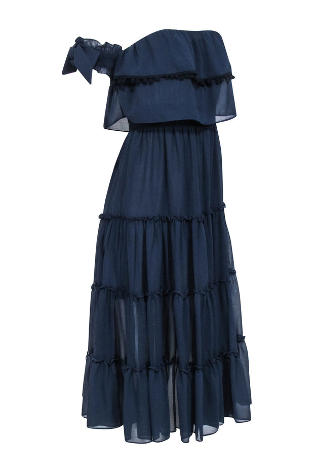 Current Boutique-MISA Los Angeles - Navy Ruffle Tiered Off The Shoulder Midi Dress Sz XS